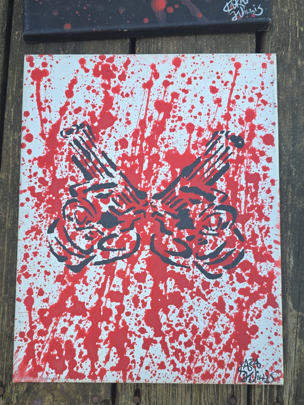 Abstract Red Splatter Wall Art with Black Floral Motif Gunnerfly 11x14